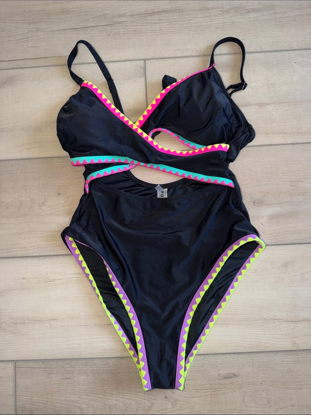 Popvil Black One-Piece Swimsuit with Neon Pink & Lime Trim Womens Swimwear